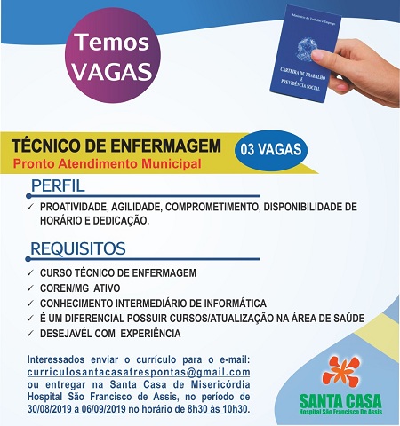 Oportunidade de Emprego – Há vagas para Técnico de Enfermagem, em Três Pontas | ? Notícias de Três Pontas é Sintonize Aqui Oportunidade de Emprego – Há vagas para Técnico de Enfermagem, em Três Pontas | ? Notícias de Três Pontas é Sintonize Aqui